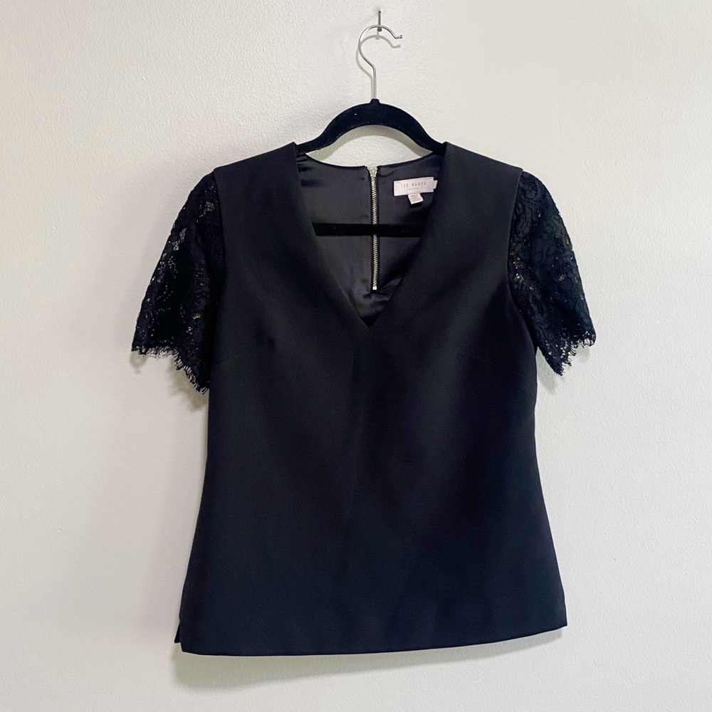 Ted Baker V Neck Black Top with Lace Sleeves Size 1 Small